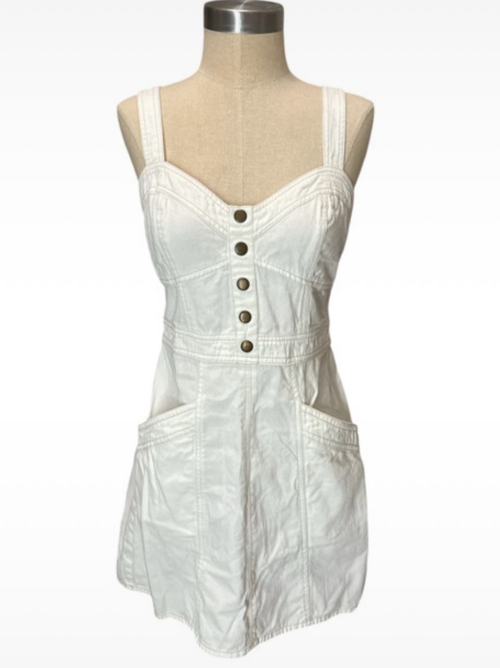 Japna white denim mini dress, 100% cotton, sweetheart neck line, size M